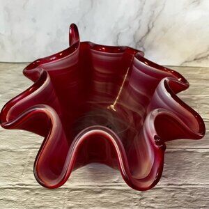 Murano Red White Cristal Swirl Handerkerchief Bowl/Vase Hand Blown